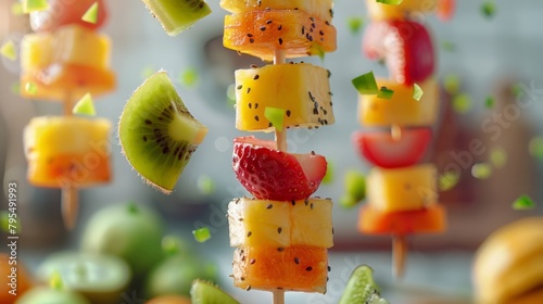 Craft an image of levitating fruitinfused water dispensers with slices of fruit swirling inside , high resolution photo