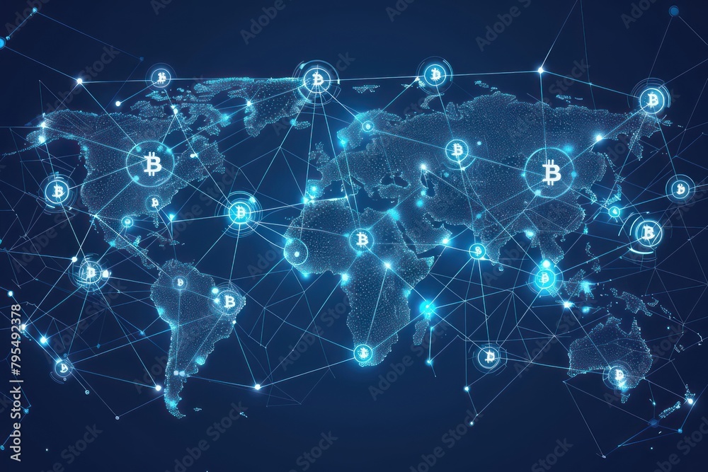 global blockchain idea, worldwide digital net of connections represented as thin glowing lines interconnectet to each other, on every point of connection set a little Bitcoin sign global blockchain idea, worldwide digital net of connections represented as thin glowing lines interconnectet to each other, on every point of connection set a little Bitcoin sign