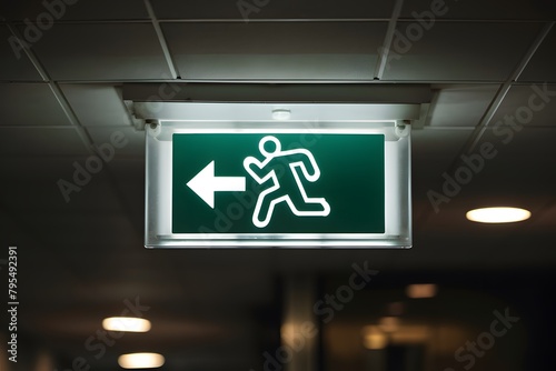Glowing emergency exit sign with running figure and arrow in dim lighting