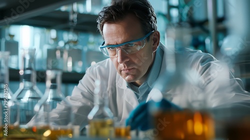 A scientist conducts research in an industrial lab, analyzing chemical reactions for product development