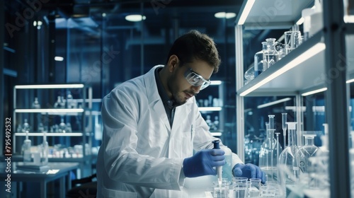 A scientist conducts research in an industrial lab, analyzing chemical reactions for product development photo