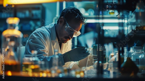 A scientist conducts research in an industrial lab, analyzing chemical reactions for product development