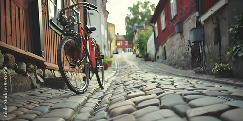 Bicicleta vermelha vintage em uma rua de paralelepípedos photo