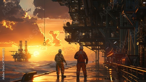 Oil rig workers maintain operations in the open sea, showcasing the challenging environment