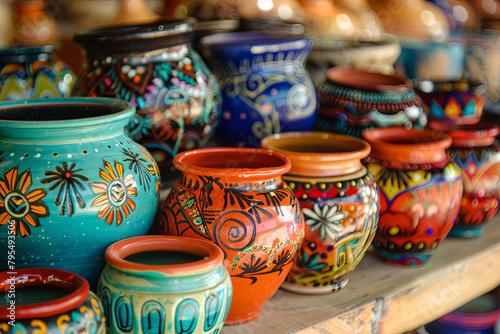 Colorful ceramic pottery with designs from Mexico and on display to be sold in a local market
 photo