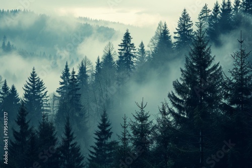 Misty landscape with fir forest in vintage retro  , AI generated photo