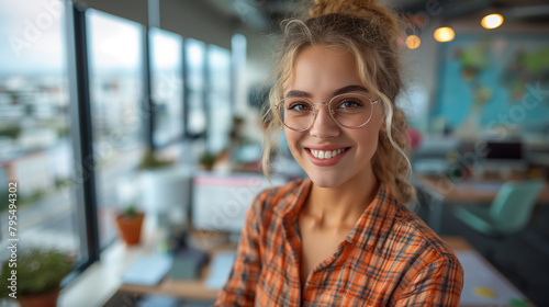 Young smiling young woman looking at the camera. Happy millennial girl in office, she is an intern or junior employee. Creative work in a modern coworking space.