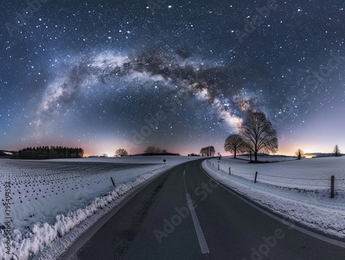 The starry sky is full of stars, and the Milky Way stretches across it. The winding road leads to an unknown destination. 