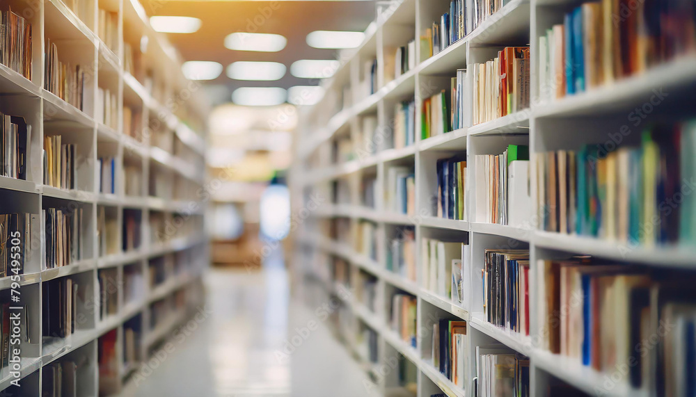 Abstract blurred modern white bookshelves with books manuals and textbooks on bookshelves in library or in book store for backdrop Concept for education