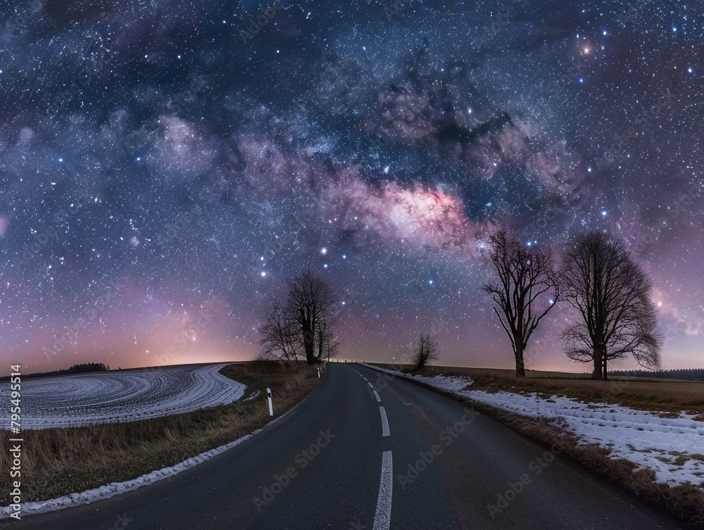 The starry sky is full of stars, and the Milky Way stretches across it. The winding road leads to an unknown destination. 