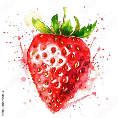 strawberry is vividly captured in watercolor  with red and pink splashes