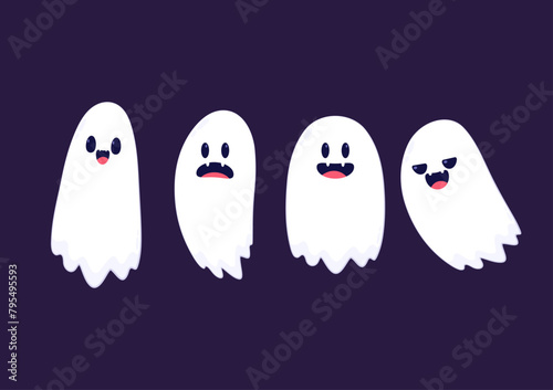 Cute ghost floating with Halloween pumpkin basket for Trick or Treat. Funny spooky boo character. Spook phantom with happy smiling face expression. Isolated kids flat vector illustration.