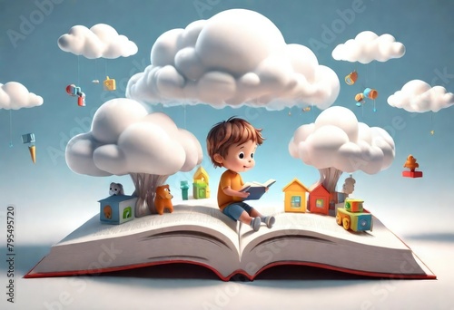 A peaceful image of cute 3d cartoon kid playing with toys on a giant white cloud like a book on a light background photo
