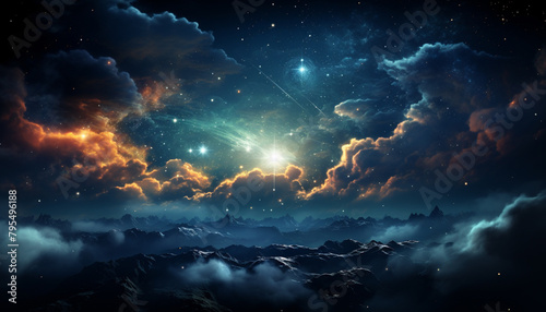 Mysterious night sky galaxy, nebula, star, moonlight, mountain peak photo