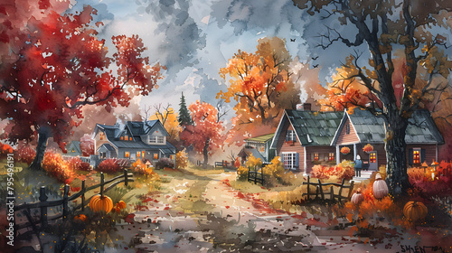 The watercolor painting captures the charm of autumnal rural life, featuring red and gold foliage, pumpkins, and scarecrows in front yards, and a sense of nostalgia and warmth. photo