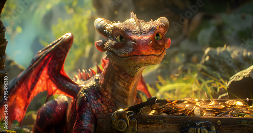 The wizard's pet red dragon sat guarded in front of the treasure box