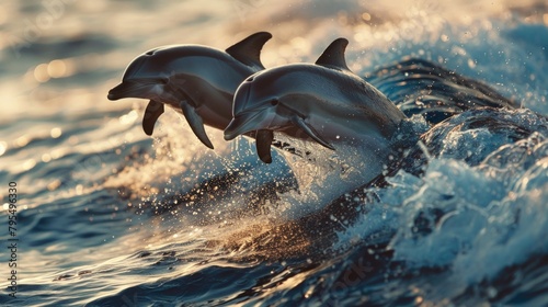 Two dolphins leaping together at golden sunset.