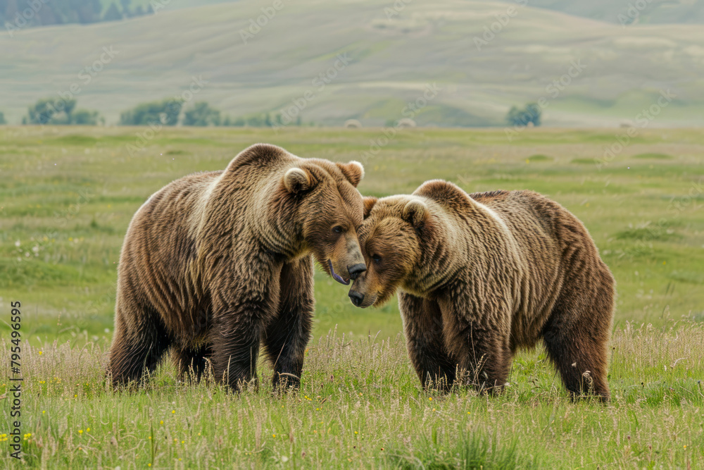 Fototapeta premium Two grizzly bears playfully frolic in a lush meadow.