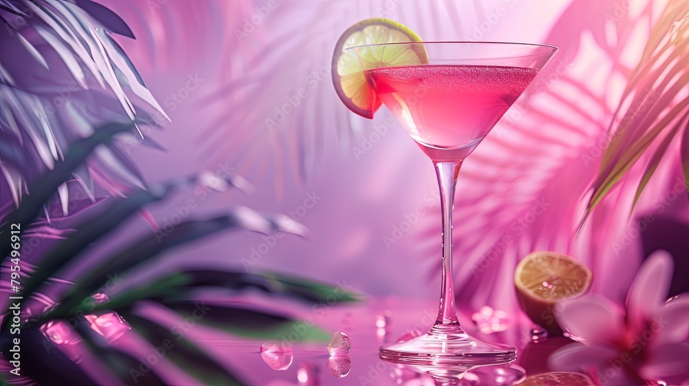 Exotic Pink Cocktail with Lime Garnish in a Tropical Setting Exotic Pink Cocktail with Lime Garnish in a Tropical Setting