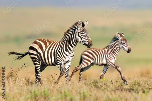 A zebra foal frolics alongside its mother.