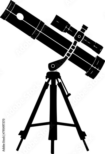 A detailed silhouette of a telescope on a tripod, representing astronomy, exploration, and discovery, suitable for educational and scientific visuals.