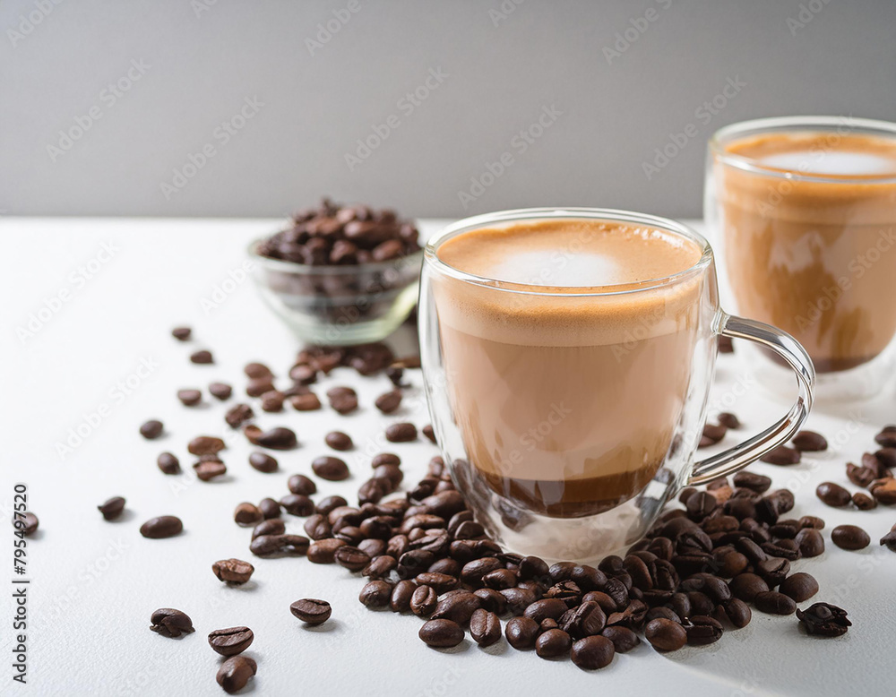 close up of double glass cup of fresh latte coffee with coffee beans on white table and copy space close up of double glass cup of fresh latte coffee with coffee beans on white table and copy space
