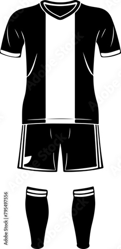 Black and white silhouette of a soccer kit with jersey, shorts, and shin guards, perfect for sports team branding and event promotions.