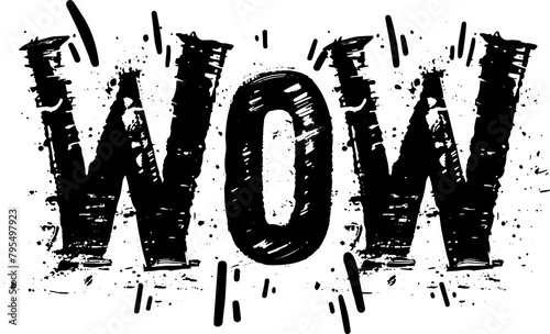 Striking graphic of the word 'WOW' with a splatter effect in black and white, perfect for use in advertisements that aim to surprise and impress.