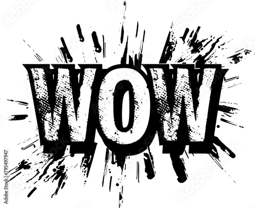 Striking graphic of the word 'WOW' with a splatter effect in black and white, perfect for use in advertisements that aim to surprise and impress.