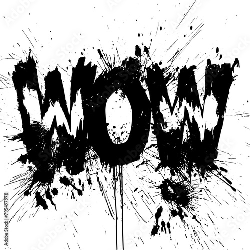 Striking graphic of the word 'WOW' with a splatter effect in black and white, perfect for use in advertisements that aim to surprise and impress.