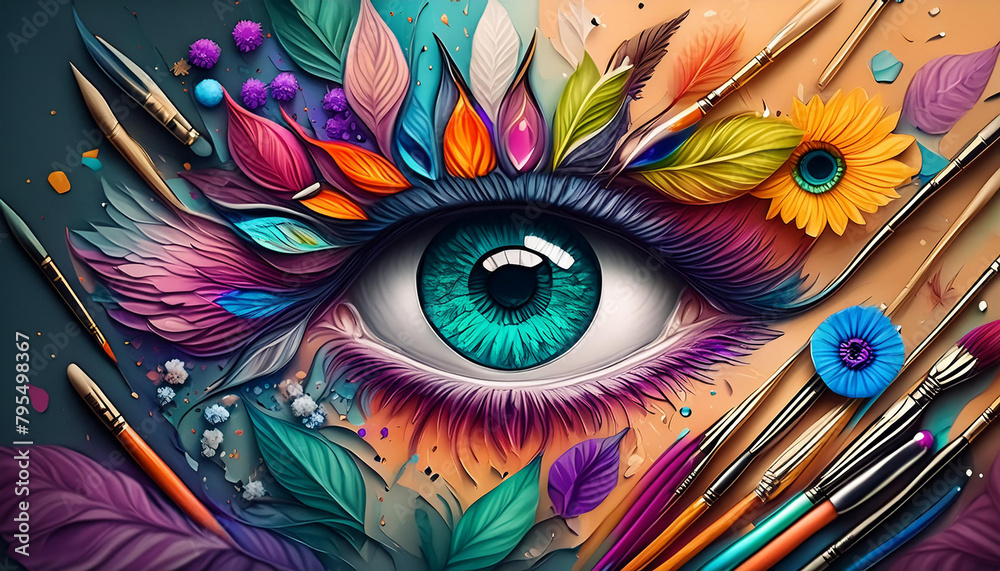 Creative sight. painted eyes with colorful brushes and vernice.