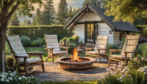 Cozy backyard oasis with fire pit, chairs, and charming white shed Serene outdoor retreat for relaxation and gatherings