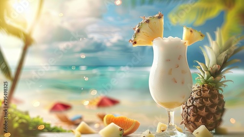 Tropical Pina Colada Cocktail with Pineapple on Sunny Beach Background