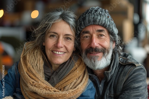 Portrait of a smiling mature couple, dressed in winter clothes, showing a strong bond © Larisa AI