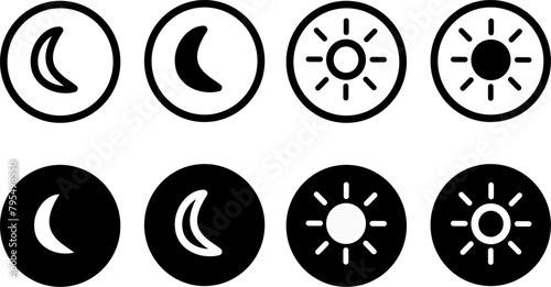 Day and night switch, dark and light modes. Screen modes icons set. Screen brightness and contrast level control icons. Replaceable vector design.