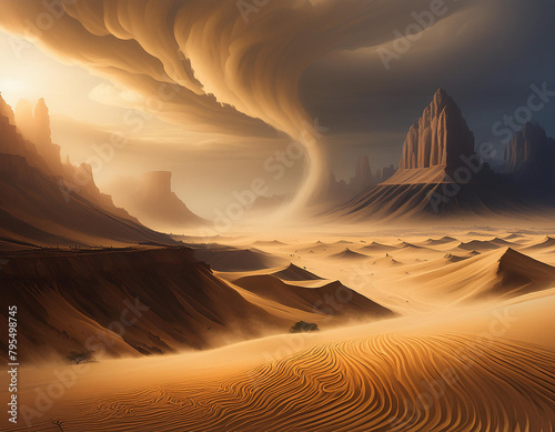 Dramatic sand storm in desert. Abstract background. Digital art.