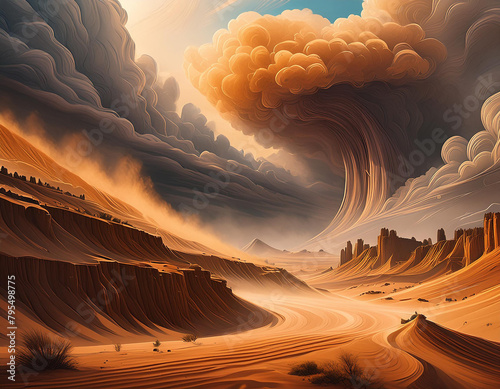 Dramatic sand storm in desert. Abstract background. Digital art.