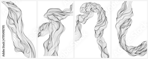Hand drawn set of monochrome hand drawn curly hair design elements. Smoke or wavy hair design elements collection.