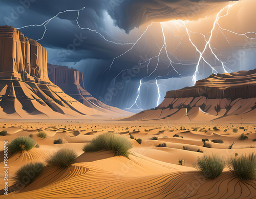Dramatic sand storm in desert, thunderstorm, lightning. Abstract background. Digital art. photo