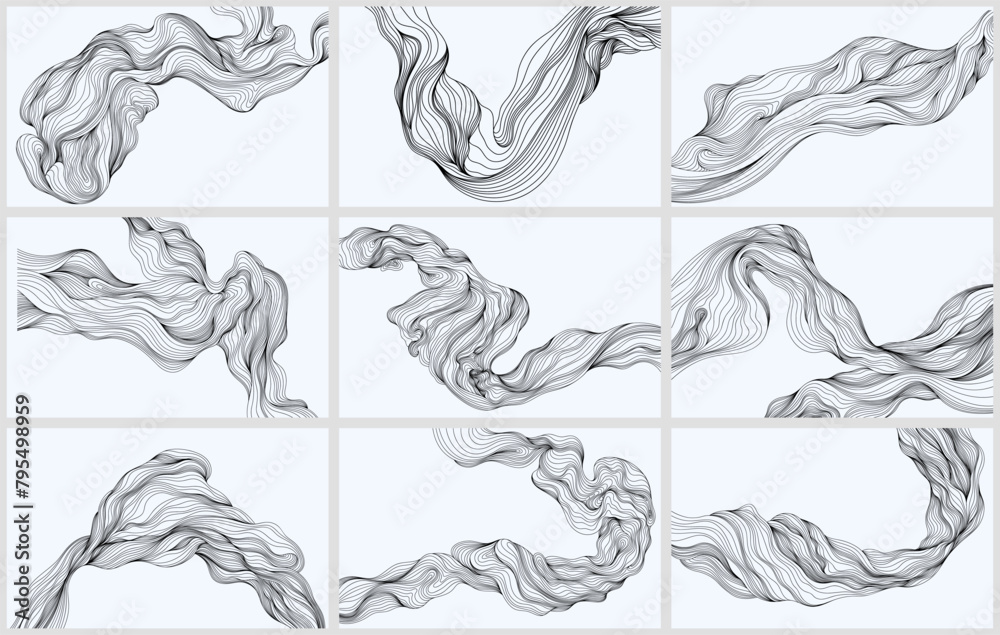 Hand drawn set of monochrome hand drawn curly hair design elements. Smoke or wavy hair design elements collection. Hand drawn set of monochrome hand drawn curly hair design elements. Smoke or wavy hair design elements collection.