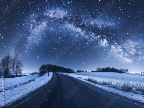 The starry sky is full of stars, and the Milky Way stretches across it. The winding road leads to an unknown destination.  © Aisyaqilumar