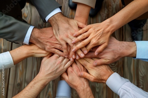 Zoomedin image of a corporate teams hands together in a huddle, symbolizing unity, teamwork, and corporate culture photo