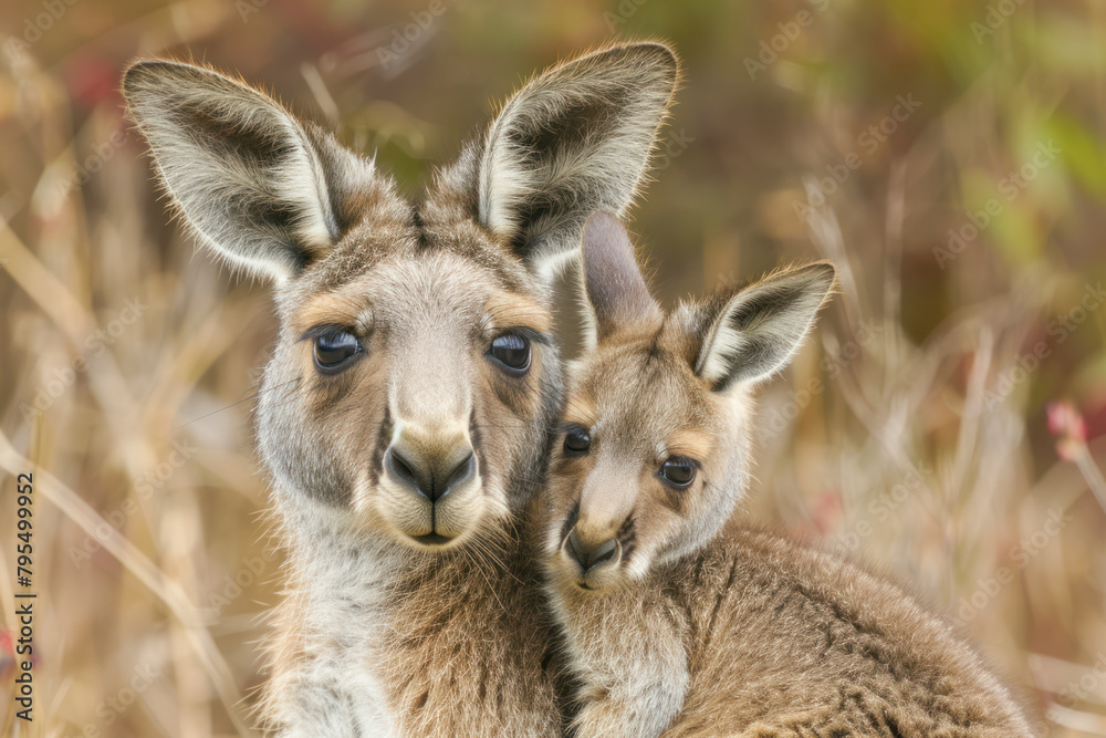 A mother kangaroo carries her joey snugly in her pouch. A mother kangaroo carries her joey snugly in her pouch.
