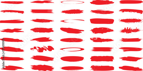 Red brush strokes on white background, abstract art. Various styles, thick, thin, smudged, elongated brush stroke photo
