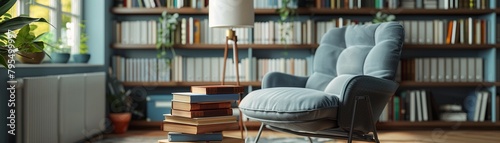 Detailed shot of a cozy reading nook in a home office, featuring a stack of business books, a modern lamp, and a comfortable chair for relaxed reading photo