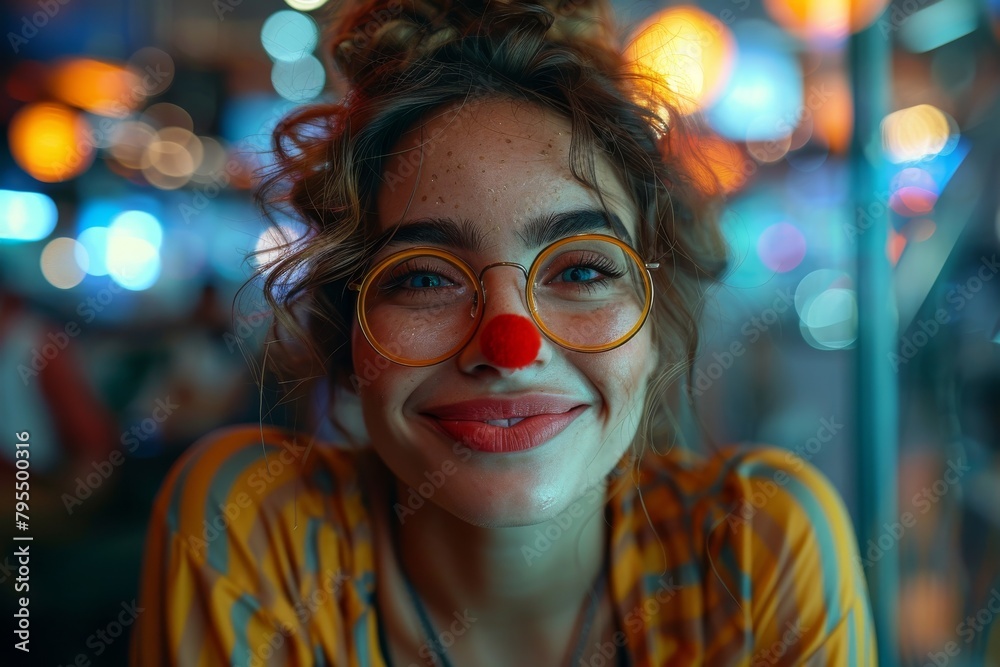 A whimsical young woman with clown makeup, glasses, and a twinkling bokeh effect