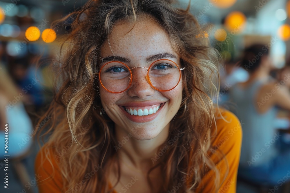 A radiant smiling young woman with freckles and glasses in a casual setting