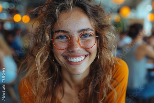 A radiant smiling young woman with freckles and glasses in a casual setting