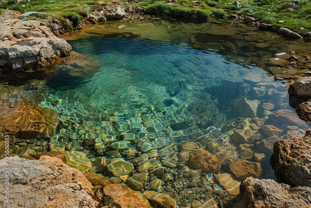 Crystal-clear water of a natural hot spring in the wilderness