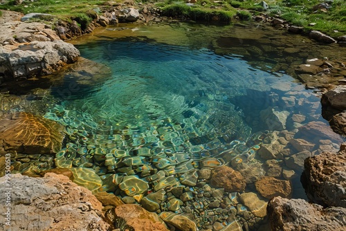 Crystal-clear water of a natural hot spring in the wilderness